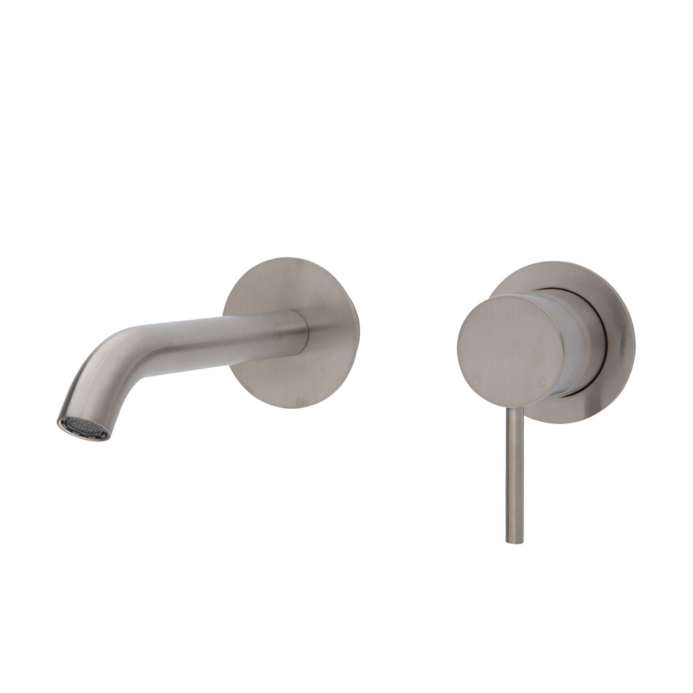 Fienza Kaya Wall Basin/Bath Mixer Set, Brushed Nickel, Round Plates, 160mm Outlet