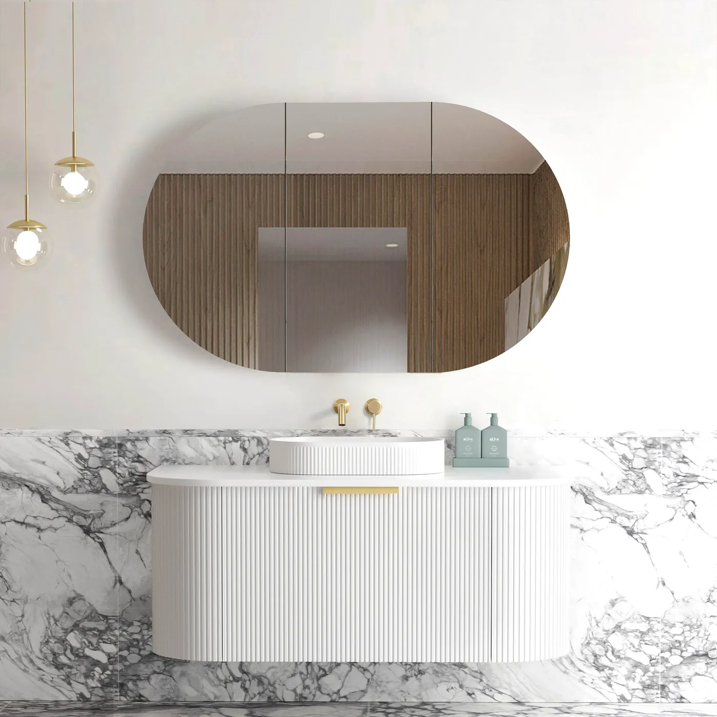 Otti Bondi Satin White Fluted 1200X460 Curve Vanity Only